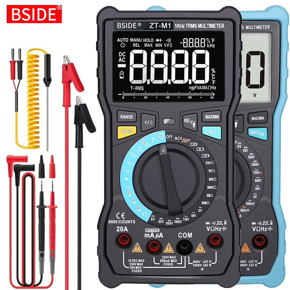 BSIDE ZT-M1 Multimètre numérique professionnel True RMS 8000 Testeur analogique 20A Current DC AC Voltage Capacitance VFC ohm battery Hz test