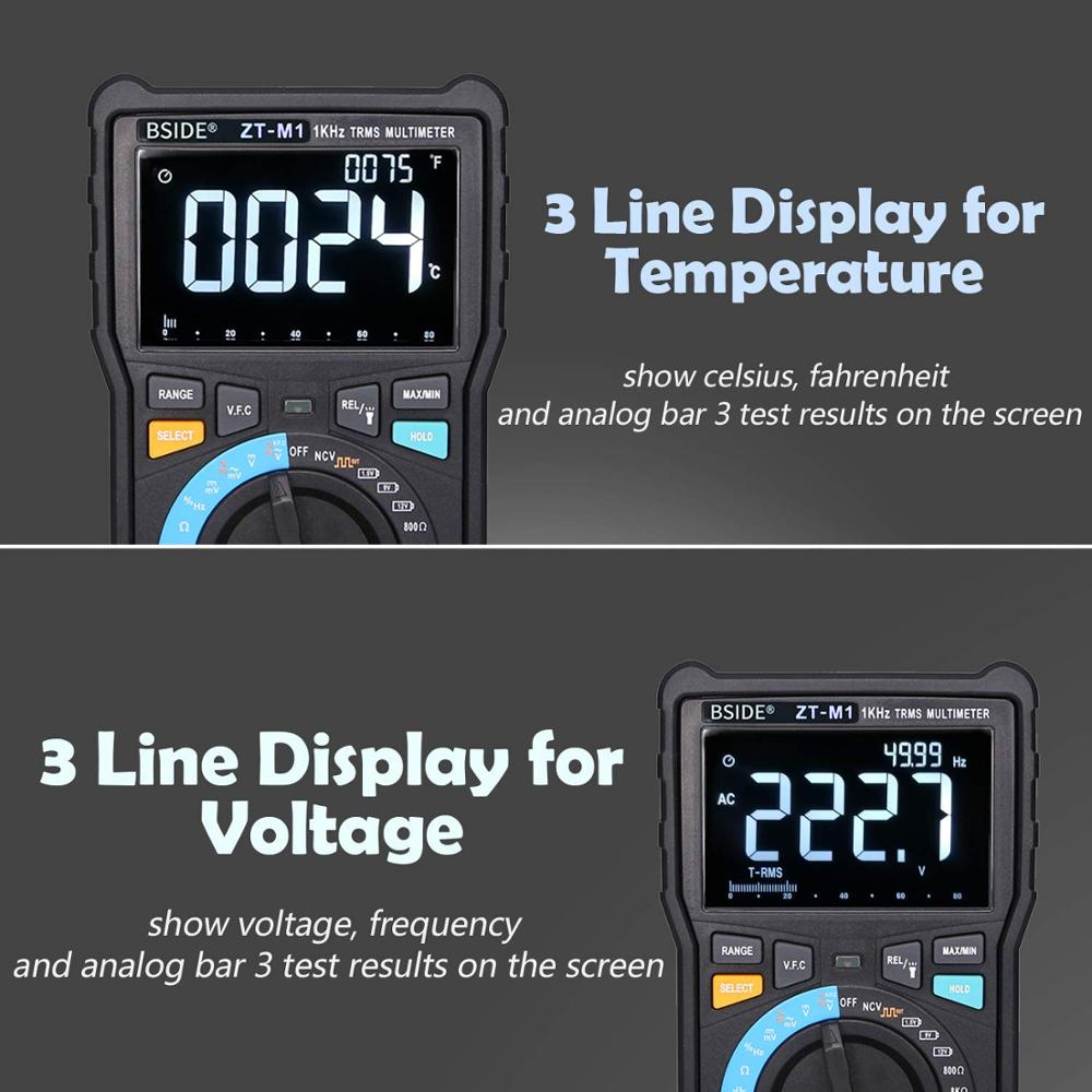 BSIDE ZT-M1 Multimètre numérique professionnel True RMS 8000 Testeur analogique 20A Current DC AC Voltage Capacitance VFC ohm battery Hz test – Image 4
