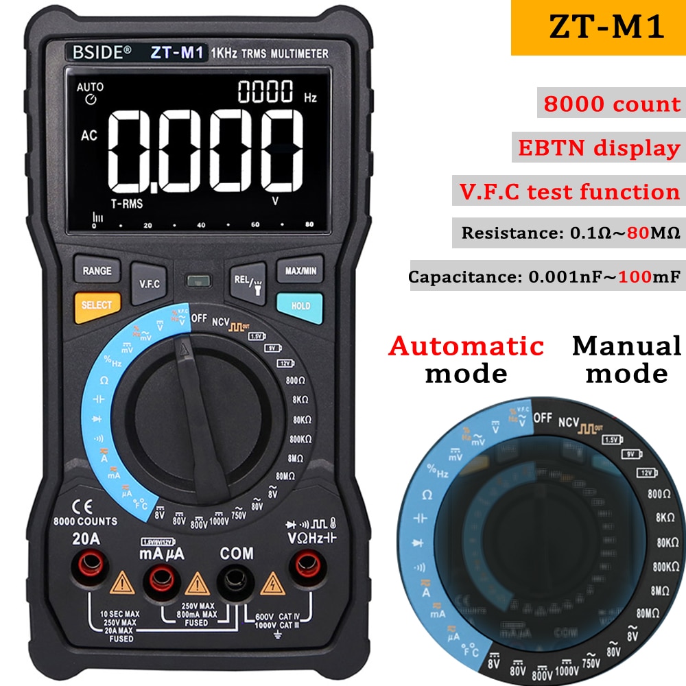 BSIDE ZT-M1 Multimètre numérique professionnel True RMS 8000 Testeur analogique 20A Current DC AC Voltage Capacitance VFC ohm battery Hz test – Image 8