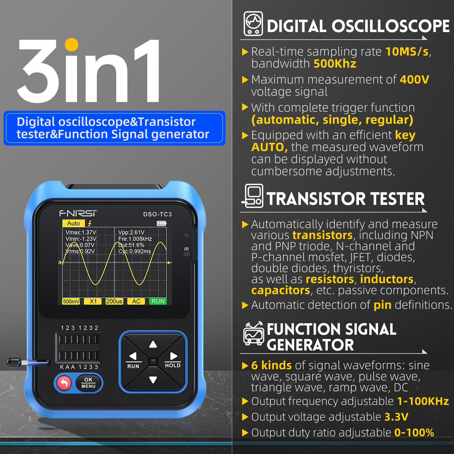 FNIRSI DSO-TC3 testeur d'oscilloscope numérique, Transistor, fonction générateur de Signal 3 en 1, testeur de composants électroniques – Image 2
